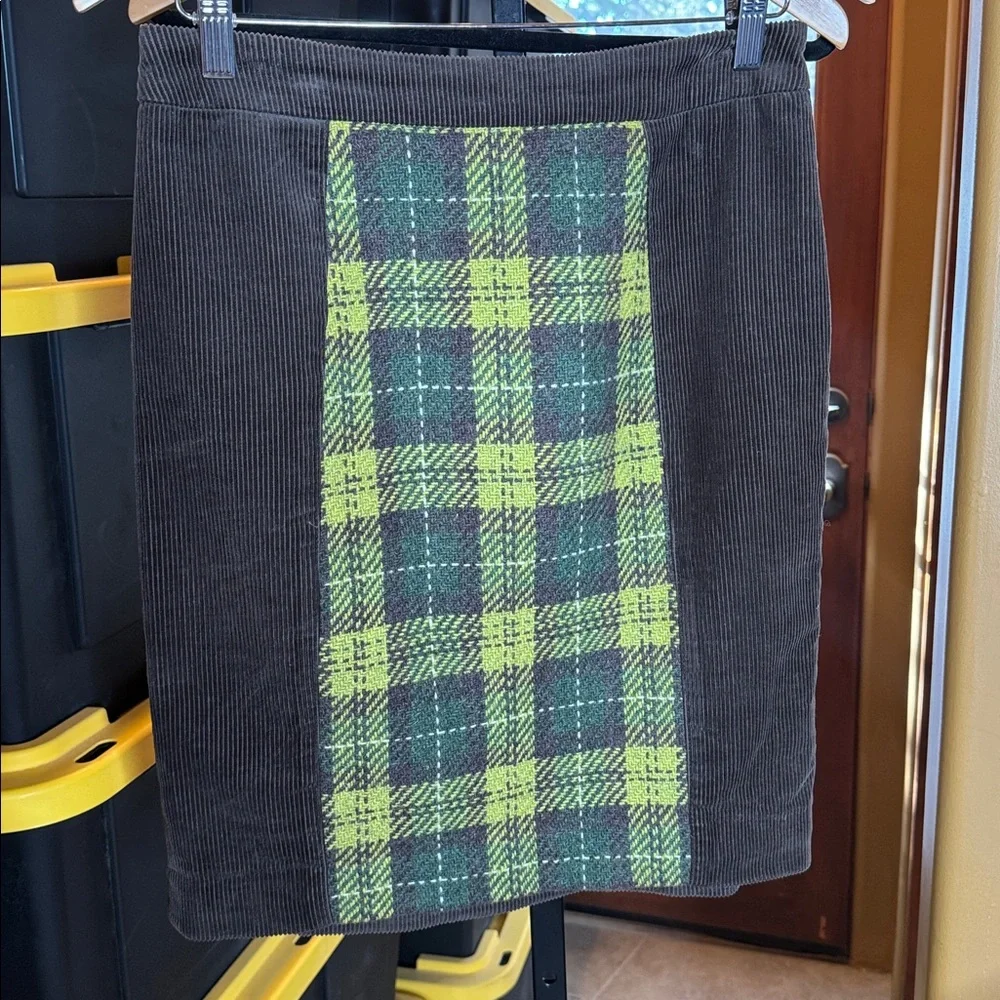 Anthropologie Maeve Brown Corduroy Skirt Green Plaid Wool Panel Size 4